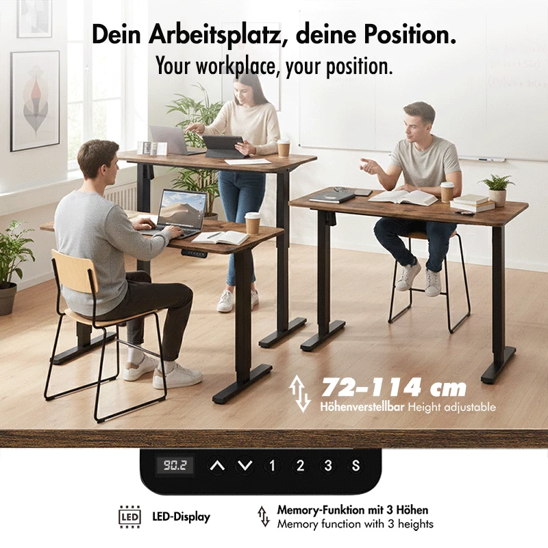 LOGILINK EO0057 elektrisch zit-sta bureau, 120x60 cm, enkele motor, bruin tafelblad, 70 kg belasting