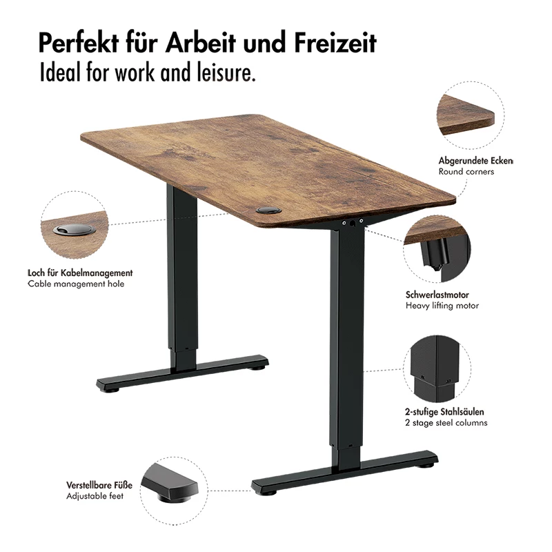 LOGILINK EO0057 elektrisch zit-sta bureau, 120x60 cm, enkele motor, bruin tafelblad, 70 kg belasting