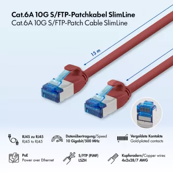 LogiLink Cat.6A slim S/FTP LSZH patchkabel, rood, 15 m, SlimLine