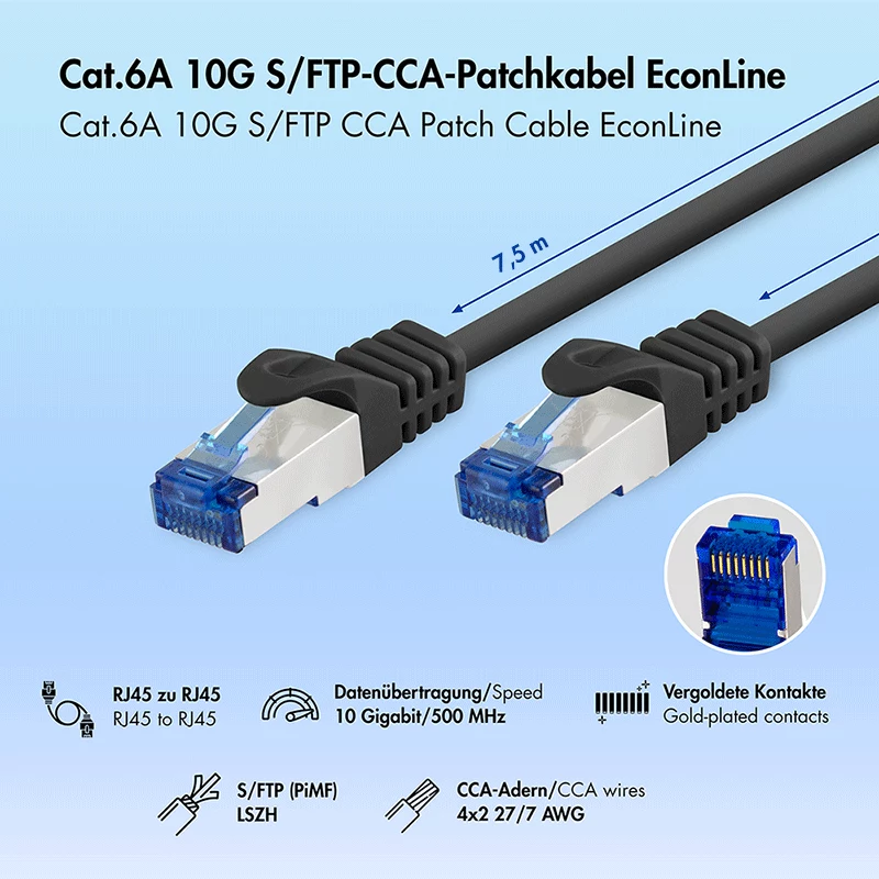 LogiLink EconLine Cat.6A S/FTP LSZH patchkabel, 7,5 m, zwart, CCA