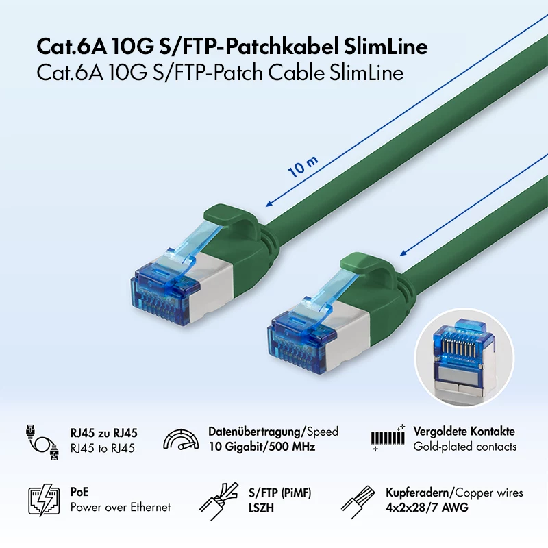 LogiLink SlimLine Cat.6A S/FTP LSZH patchkabel, groen, 10 m