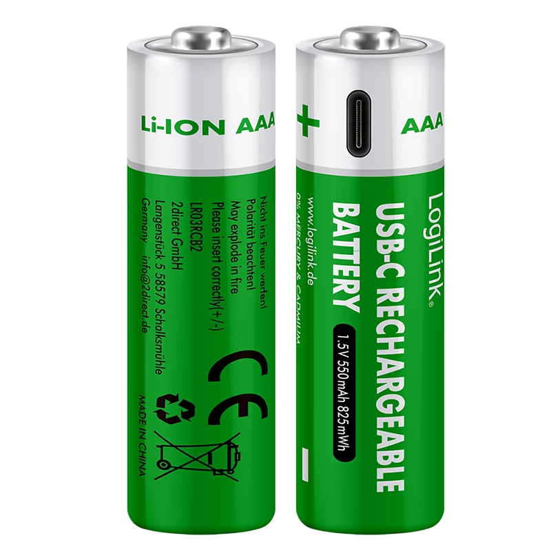 LogiLink LR03RCB2 USB-C oplaadbare AAA Li-Ion-batterijen, 1,5V, 2-pack