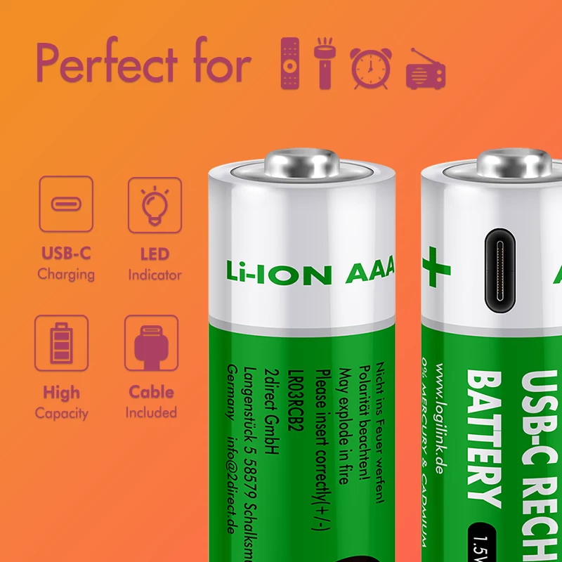 LogiLink LR03RCB2 USB-C oplaadbare AAA Li-Ion-batterijen, 1,5V, 2-pack