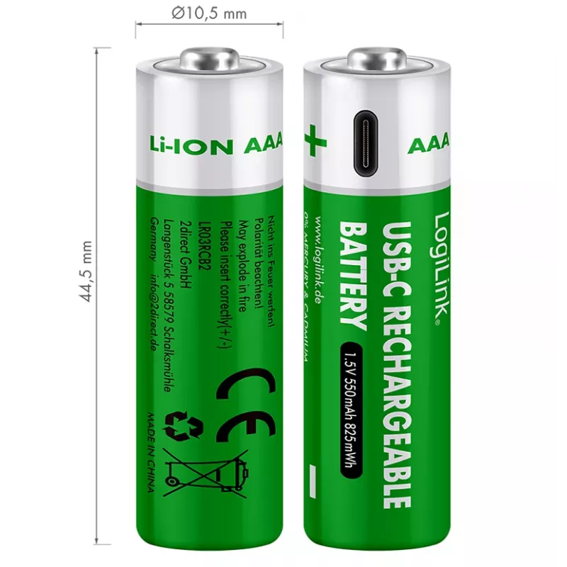 LogiLink LR03RCB2 USB-C oplaadbare AAA Li-Ion-batterijen, 1,5V, 2-pack