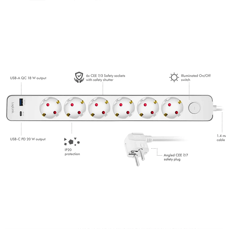 LogiLink stekkerdoos met 6 veiligheidsstopcontacten, USB-A & USB-C PD 20W, tuimelschakelaar, 1,5 m, wit