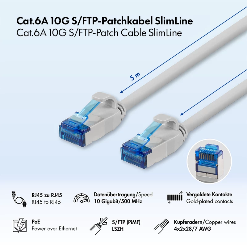 LogiLink Cat.6A Slim S/FTP LSZH patchkabel, grijs, 5m, SlimLine