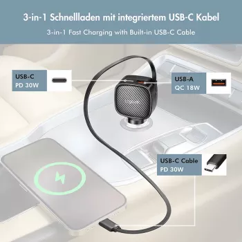 LogiLink USB-autolader, 3 poorten incl. intrekbare USB-C-kabel, 60W, PD, QC, zwart