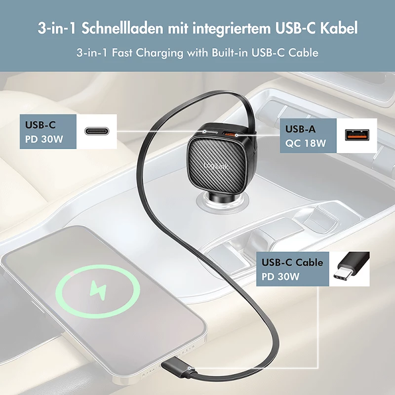 LogiLink USB-autolader, 3 poorten incl. intrekbare USB-C-kabel, 60W, PD, QC, zwart