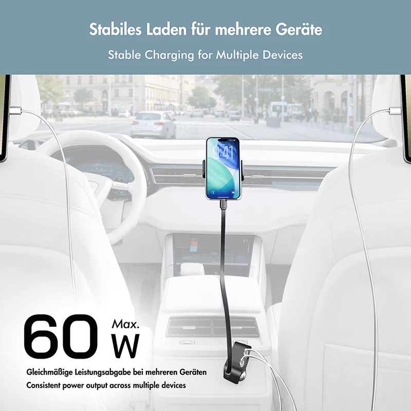 LogiLink USB-autolader, 3 poorten incl. intrekbare USB-C-kabel, 60W, PD, QC, zwart