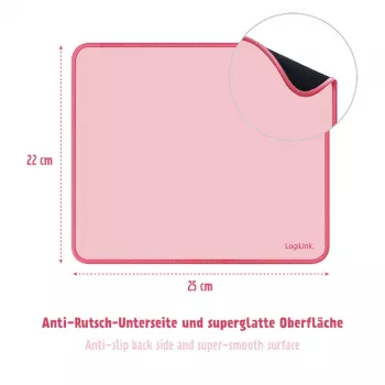 LogiLink muismat 220 x 250 mm roze - stofoppervlak, antislip rubberen basis