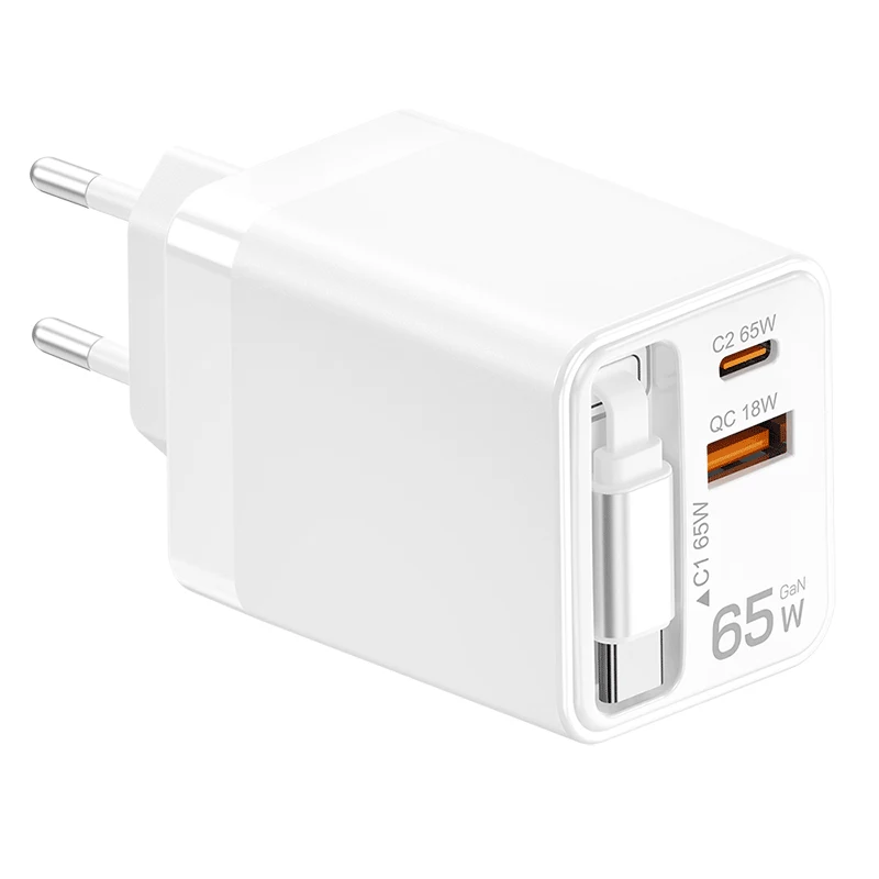 LogiLink USB-A/C-lader 65 W GaN 3-poorts wit met USB-C-kabel
