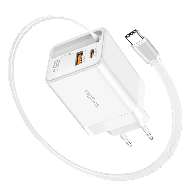LogiLink USB-A/C-lader 65 W GaN 3-poorts wit met USB-C-kabel