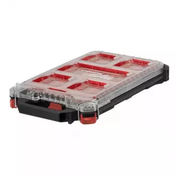 Milwaukee PACKOUT slanke organizer medium 8277387 - IP65 water- en stofdicht, 10 uitneembare bakken, transparant polycarbonaat deksel, metaalversterkte sluitingen, rood/zwart