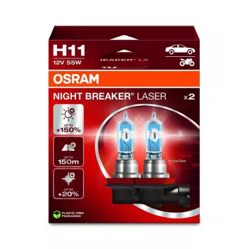 OSRAM NIGHT BREAKER LASER H11 halogeenlamp dubbelpack 12V 55W PGJ19-2, tot 150% helderder, 150m langere lichtbundel, 3900K