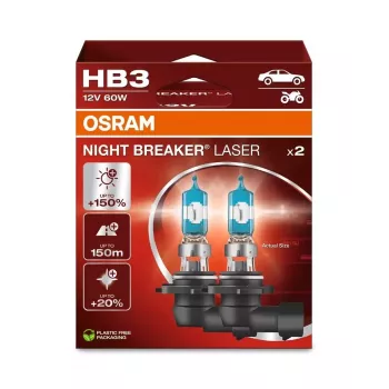 OSRAM Night Breaker Laser HB3 12V 60W P20d halogeenlamp, dubbelpack, tot 150% helderder, 150m langere lichtbundel, 20% witter licht