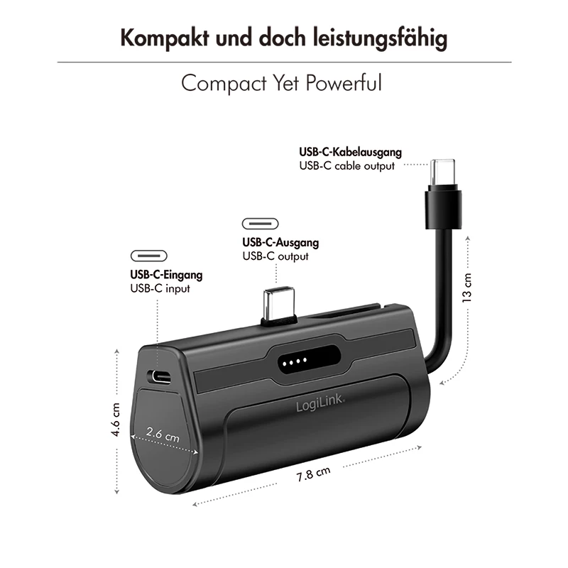 LogiLink mobiele powerbank, LiPo, 4500 mAh, geïntegreerde USB-C-stekker, zwart