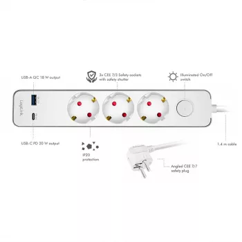 LogiLink LPS287U stekkerdoos met 3 veiligheidsstopcontacten, USB-A & USB-C PD 20W, tuimelschakelaar, 1,5m kabel, wit