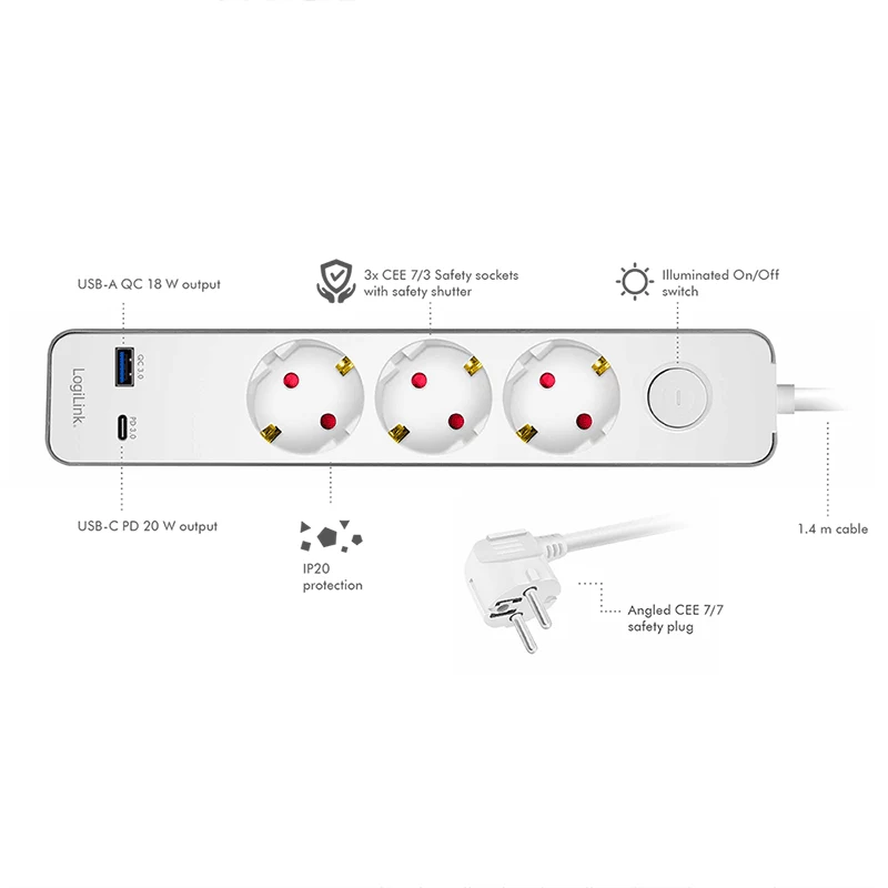 LogiLink LPS287U stekkerdoos met 3 veiligheidsstopcontacten, USB-A & USB-C PD 20W, tuimelschakelaar, 1,5m kabel, wit