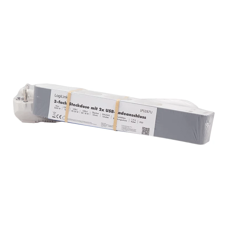 LogiLink LPS287U stekkerdoos met 3 veiligheidsstopcontacten, USB-A & USB-C PD 20W, tuimelschakelaar, 1,5m kabel, wit