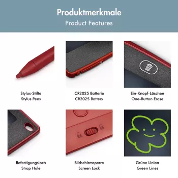 LogiLink LCD-schrijftablet 8,5 inch, rood, met 2 magneten
