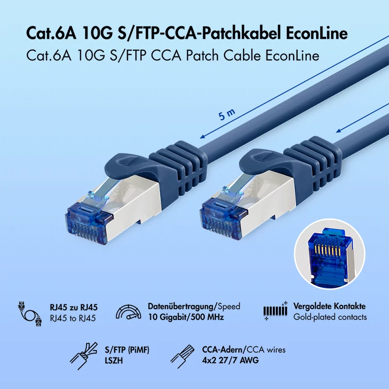 LogiLink Cat.6A S/FTP LSZH patchkabel, 5 m, blauw, EconLine