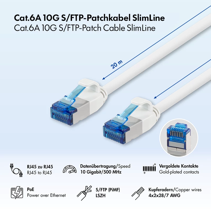 LogiLink Cat.6A slim S/FTP LSZH patchkabel, wit, 20 m