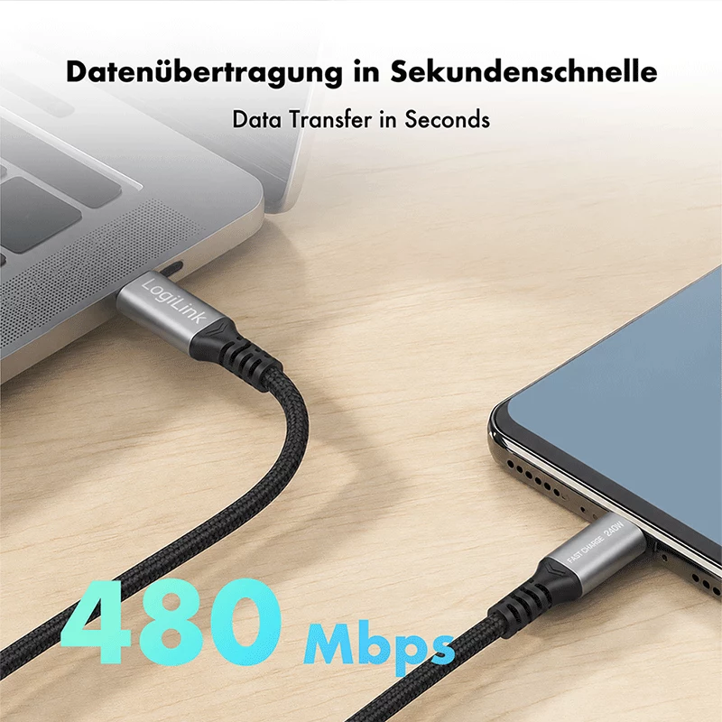 LogiLink USB 2.0 Type-C kabel, C/M naar C/M, 480 Mbps, 240W, nylon, metaal, zwart/zilver, 0,5 m