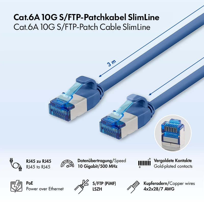 LogiLink SlimLine Cat.6A S/FTP LSZH patchkabel, blauw, 3 m