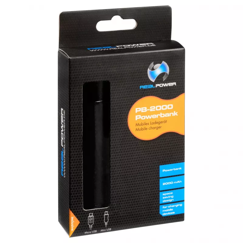 RealPower PB2000 mAh aluminium powerbank, zwart