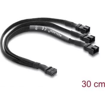 Delock fan splitter kabel 1 x 4-pin PWM bus naar 2 x 4-pin PWM stekker (tweede met 3 pinnen bezet) gevlochten slang 30 cm zwart