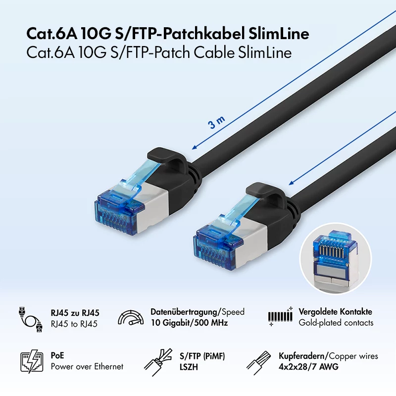 LogiLink Cat.6A Slim S/FTP LSZH patchkabel, zwart, 3 m, SlimLine
