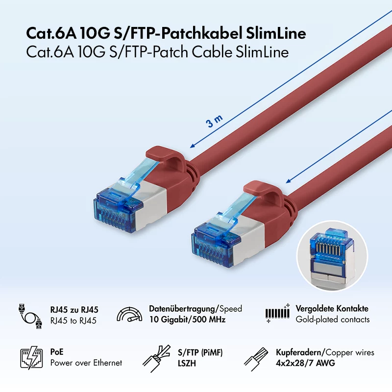 LogiLink SlimLine Cat.6A S/FTP LSZH-patchkabel, rood, 3 m, 10Gbps