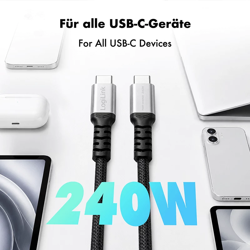 LogiLink USB 2.0 Type-C-kabel, C/M naar C/M, 480 Mbps, 240W, nylon, metaal, zwart/zilver, 1,5 m