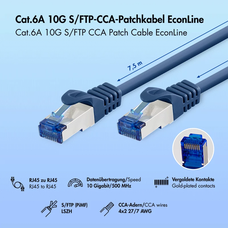LogiLink EconLine Cat.6A S/FTP LSZH-patchkabel, CCA, blauw, 7,5 m