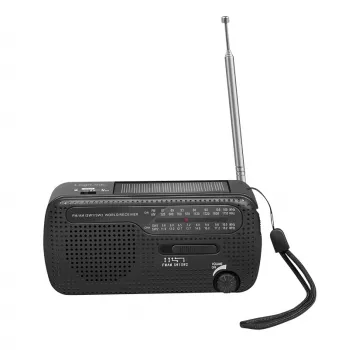 LogiLink dynamo-krukkradio met zonnepaneel, AM/FM, USB-C-laadfunctie, LED-zaklamp, SOS-alarm, powerbank, zwart