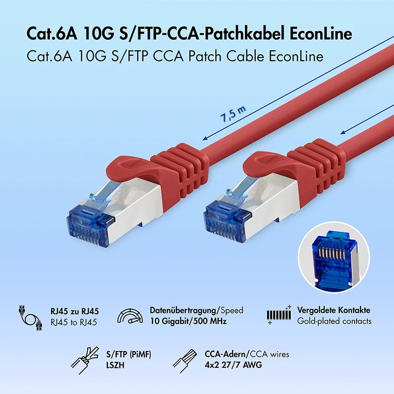 LogiLink Cat.6A S/FTP LSZH Patchkabel, CCA, Rood, 7,5m, EconLine