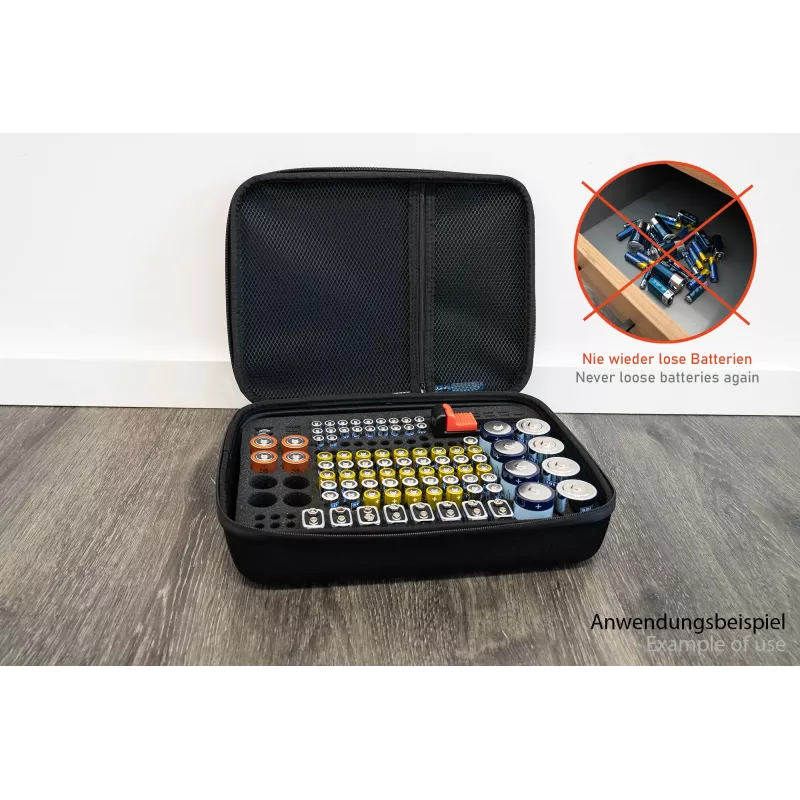 Kabelmeister batterij-opbergbox met geïntegreerde tester voor AA, AAA, C, D, 9V en knoopcellen - zwart