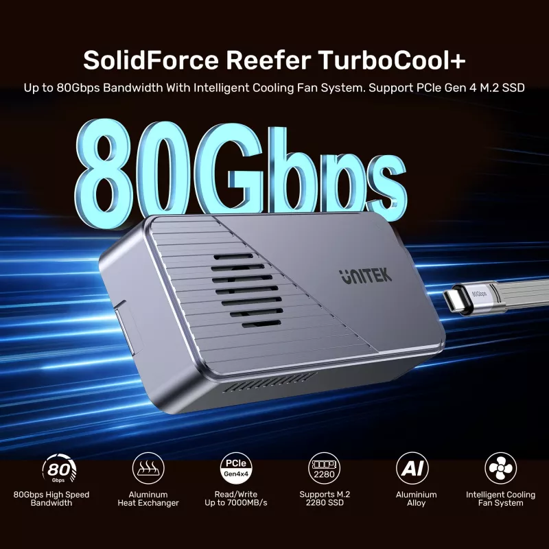 UNITEK USB4 M.2 NVMe SSD-behuizing met actieve koeling, 80Gbps, gereedschaploos, aluminium, USB-C