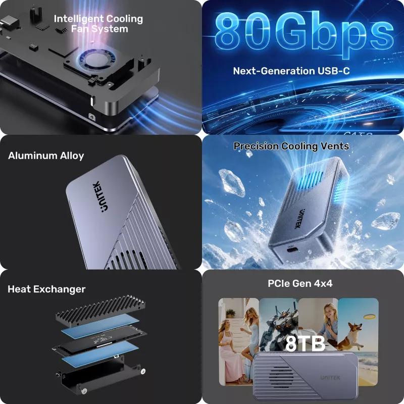 UNITEK USB4 M.2 NVMe SSD-behuizing met actieve koeling, 80Gbps, gereedschaploos, aluminium, USB-C