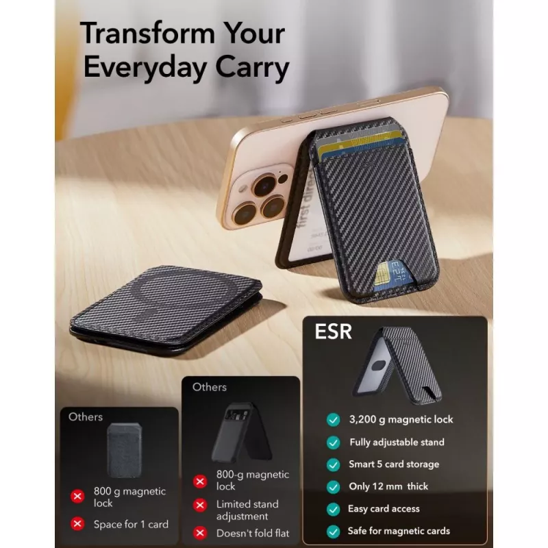 ESR Classic RFID magnetische wallet stand met MagSafe, carbon fiber zwart
