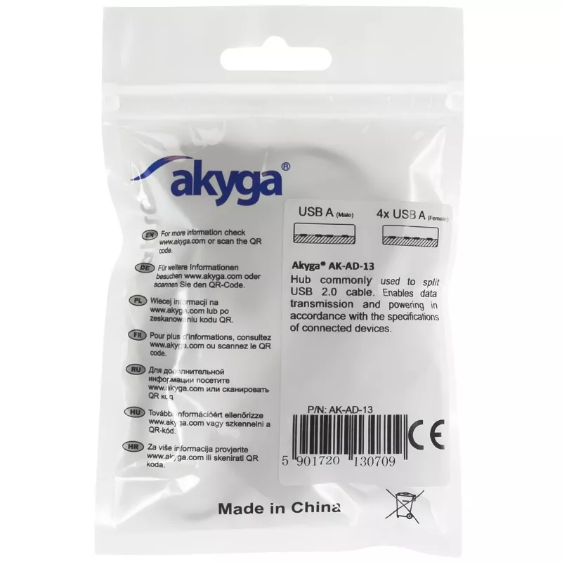 AKYGA AK-AD-13 USB 2.0 4-poorts hub, zwart