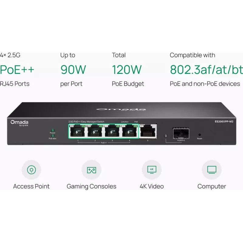TP-Link Omada Easy Managed 5-poorts 2.5G PoE++ switch met 10G SFP+ uplink (ES206XPP-M2)