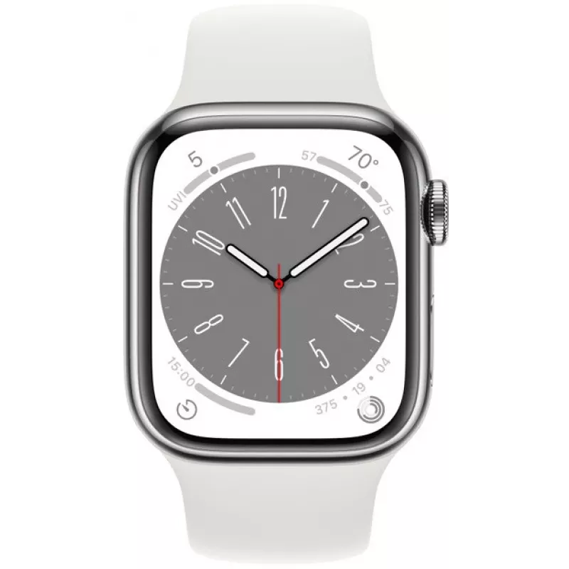 Apple Watch Series 8 GPS + Cellular 41mm roestvrijstalen behuizing met Sport Band, zilver/wit (MNJ53EL/A)