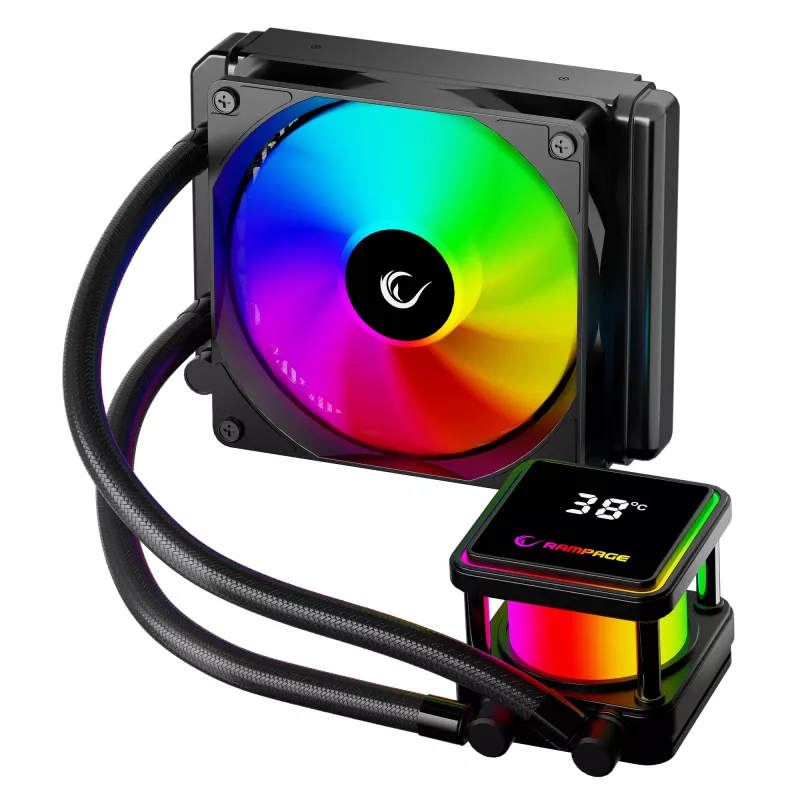 Rampage INFINITE V120 ARGB 120mm vloeistof-CPU-koeler met temperatuurdisplay, zwart
