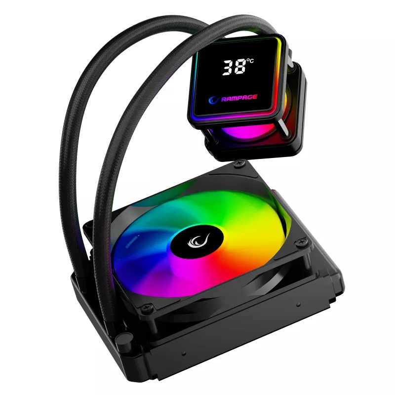 Rampage INFINITE V120 ARGB 120mm vloeistof-CPU-koeler met temperatuurdisplay, zwart