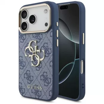Guess 4G Classic Logo hoesje voor Apple iPhone 18 Pro / 17 Pro, blauw met goudaccenten