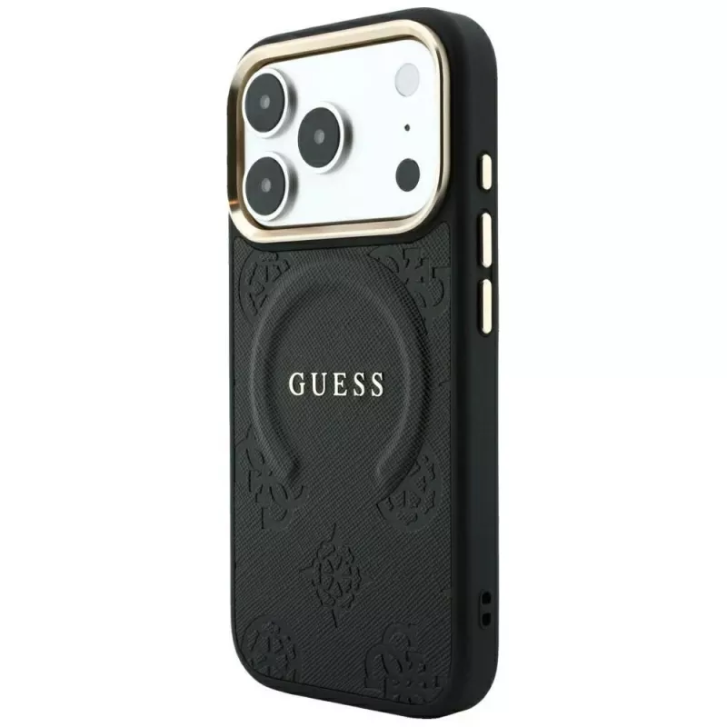 GUESS Saffiano Peony & Ring MagSafe-hoesje voor iPhone 18 Pro / 17 Pro - zwart