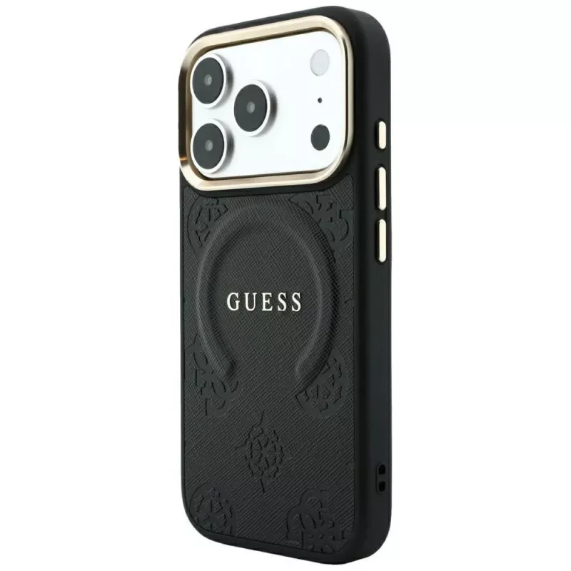 Guess Saffiano Peony & Ring MagSafe-hoesje voor iPhone 18 Pro Max / 17 Pro Max - zwart