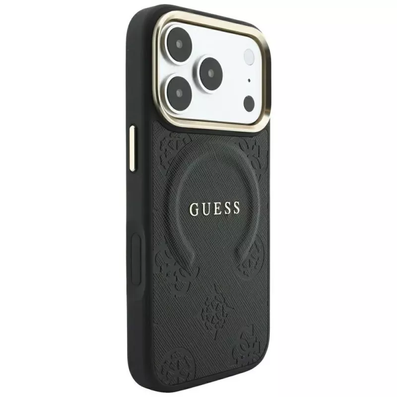 Guess Saffiano Peony & Ring MagSafe-hoesje voor iPhone 18 Pro Max / 17 Pro Max - zwart