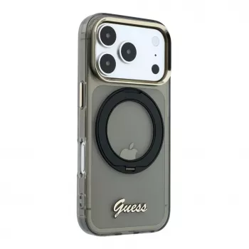 Guess IML Ring Stand 360 Script Metal Logo MagSafe-hoesje voor iPhone 17 Pro / 18 Pro - zwart